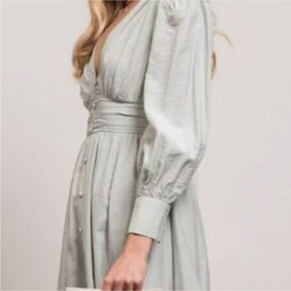By The River Muted Mint Green Silver Accent LongSleeve Midi Dress Peasant Boho - Picture 4 of 9